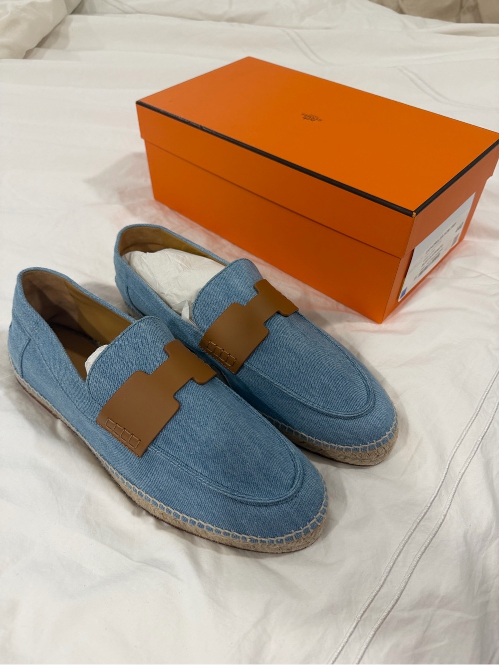 Hermes Men’s Light Blue Denim Loafers Espadrilles with Brown Leather H-Tab